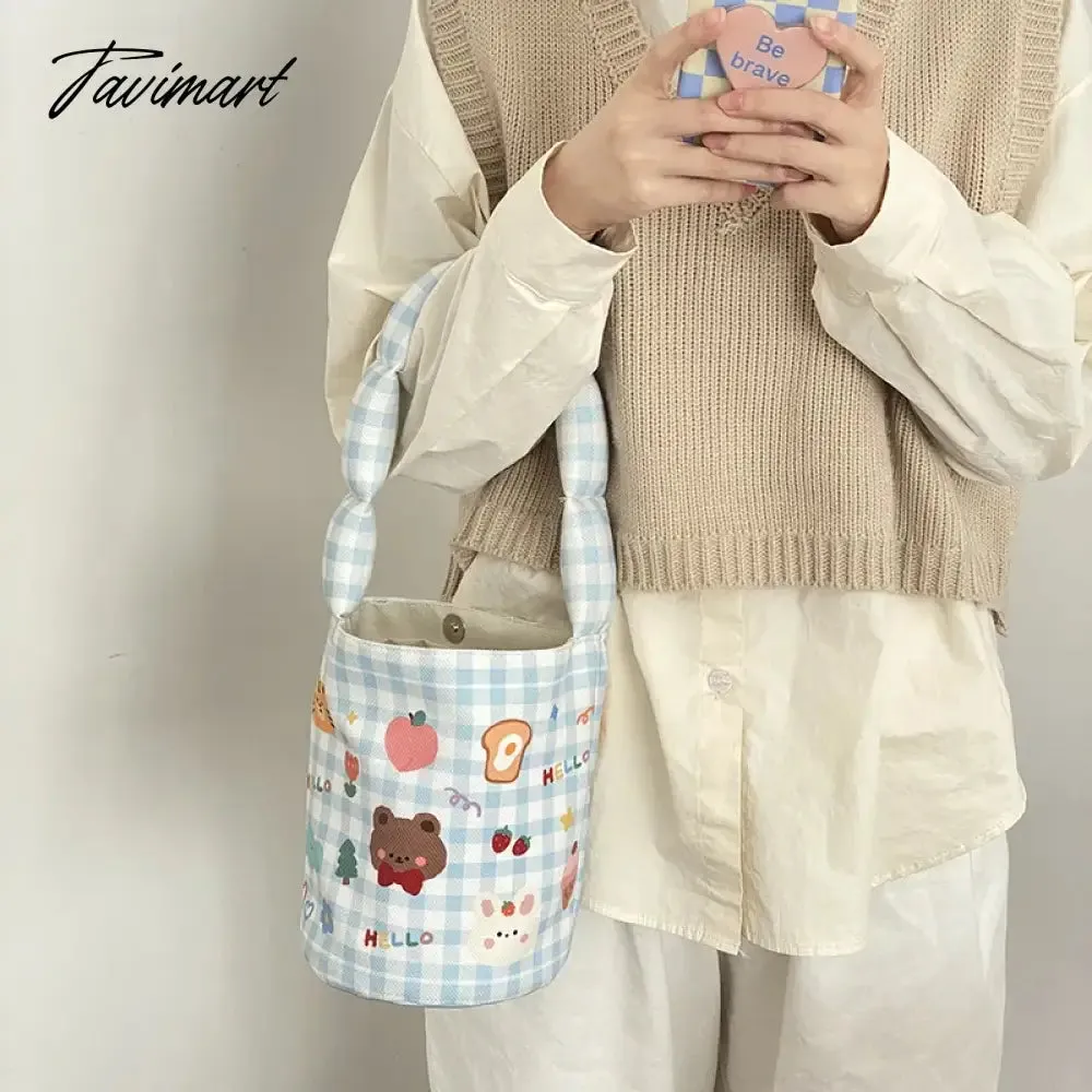 Tavimart Women Cotton Bucket Shaped Shoulder Bag Magnetic Buckle Tote Female Animal Cartoon Pattern Hand Carry Canvas Bags