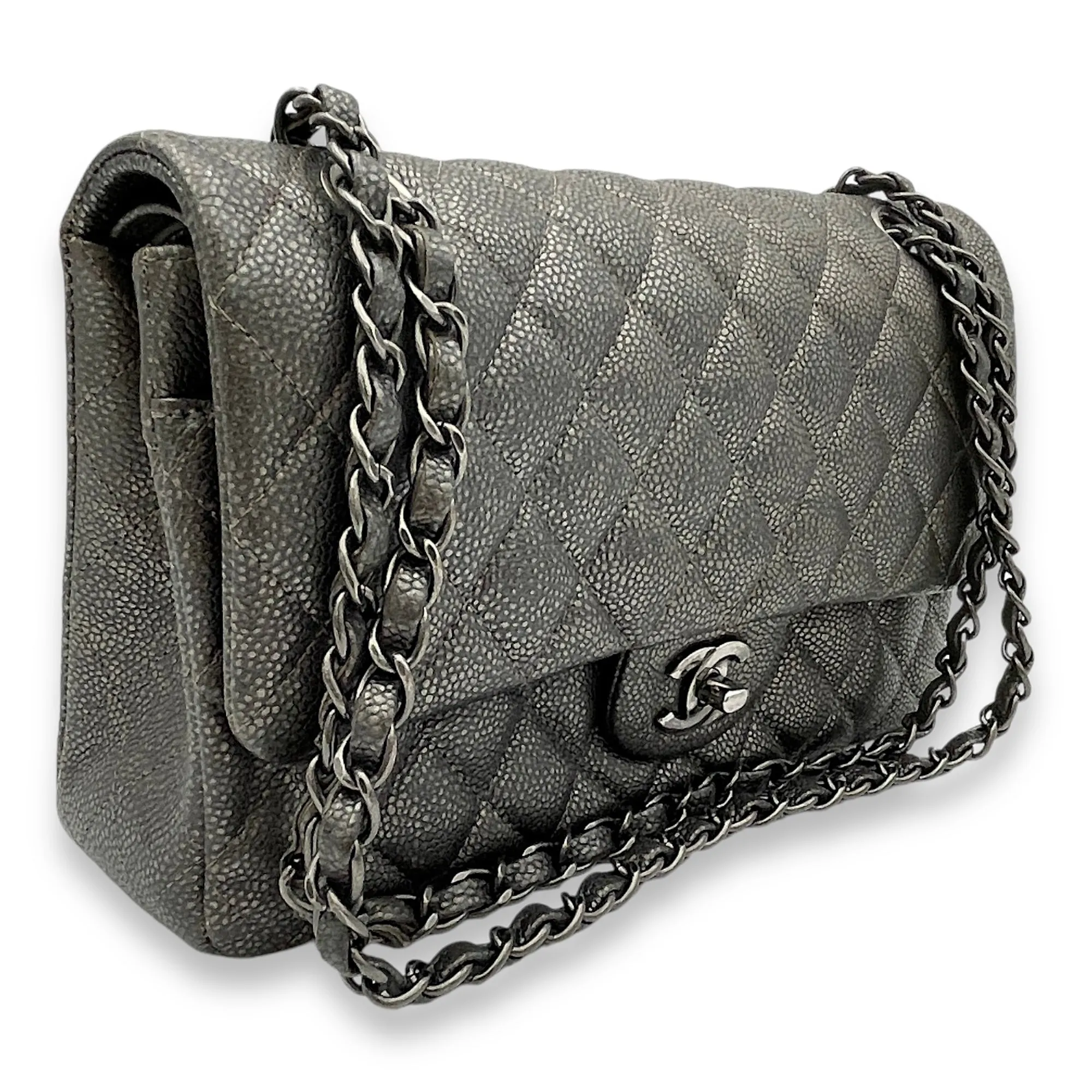 Timeless Classic Flap Medium Grey Shoulder Bag in Caviar Leather, Gunmetal hardware