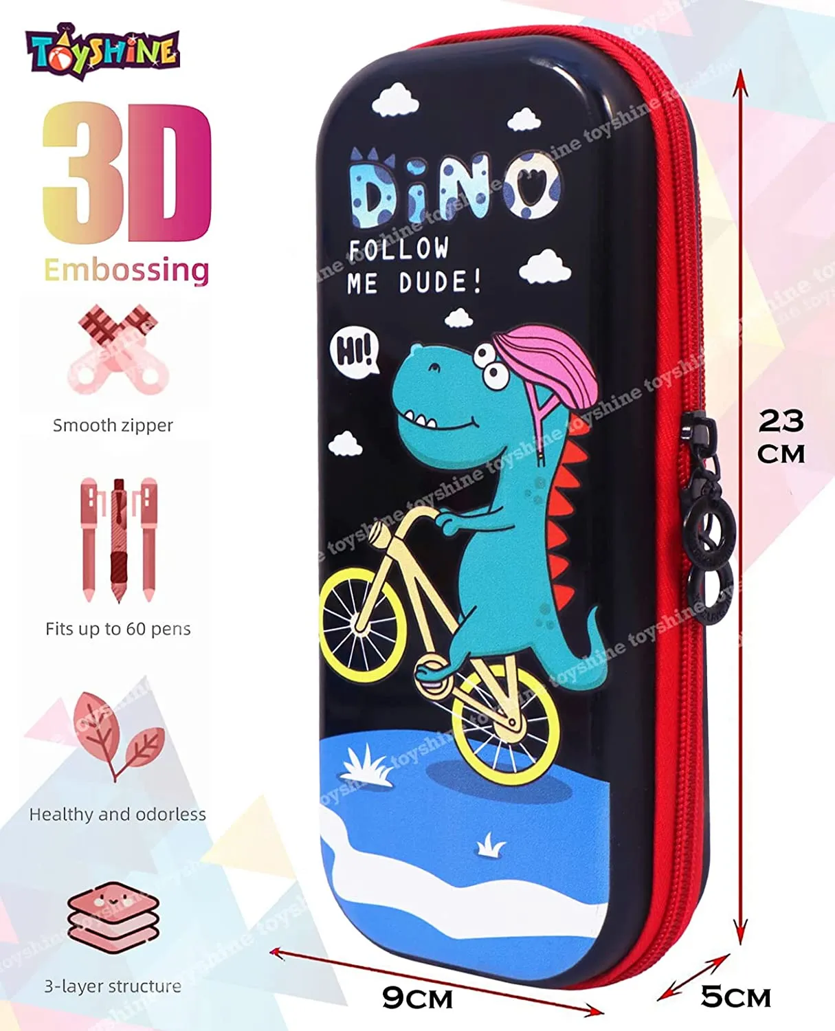 Toyshine Follow Me Dude Dinosaur Hardtop Pencil Case with Multiple Compartments Stationery Box