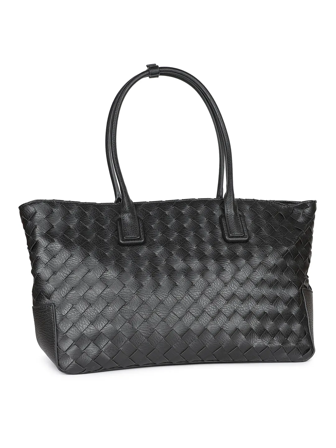 Women Black Textured PU Shopper Tote Bag