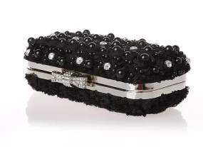 Womens Black Floral Diamante Pearl Clutch Bow Hand Bag Wedding