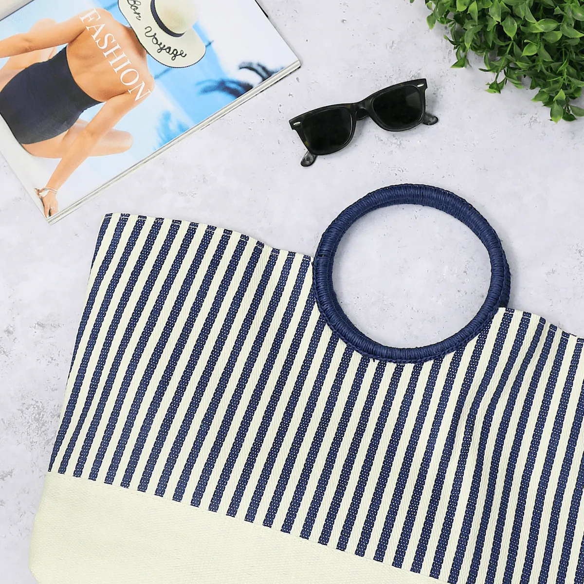 Womens Straw Navy/White Stripe Holiday Beach Bag Round Handle