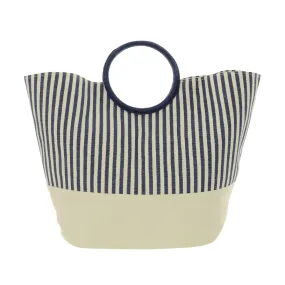 Womens Straw Navy/White Stripe Holiday Beach Bag Round Handle